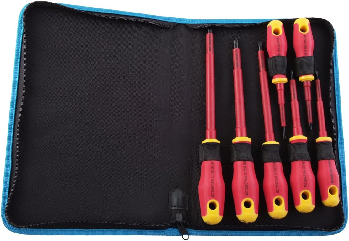 Jonard Tools TK-70INS 7 Piece Insulated Screwdriver Set with #1, #2, and #3 Phillips & Four Cabinet Slotted Insulated Screwdrivers