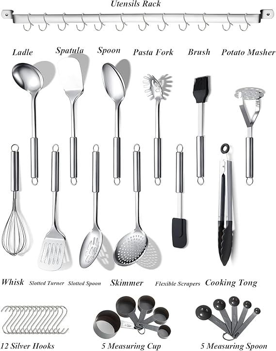 Berglander Kitchen Utensils Set 38 Pieces, Stainless Steel Cooking Utensils Set, Kitchen Gadgets Cookware, Kitchen Tool Set with Utensil Holder Rack And Hooks For Hanging Dishwasher Safe