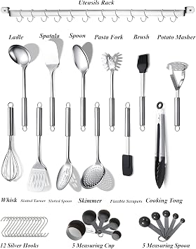 Berglander Kitchen Utensils Set 38 Pieces, Stainless Steel Cooking Utensils Set, Kitchen Gadgets Cookware, Kitchen Tool Set with Utensil Holder Rack And Hooks For Hanging Dishwasher Safe