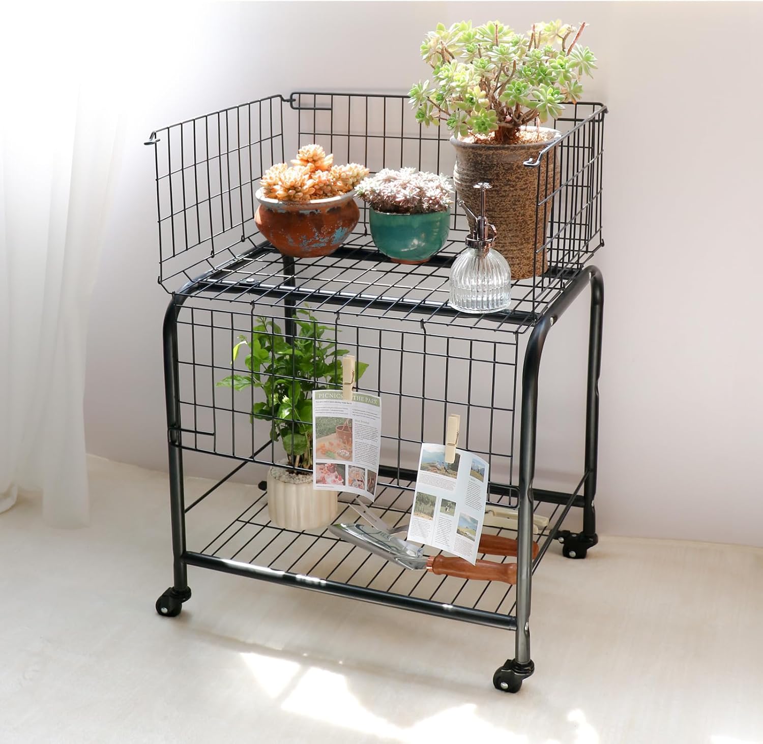 Rolling Laundry Basket with Wheels, 31" Height Heavy Duty 2-Tier Metal Wire Laundry Cart, Foldable Hamper with Industrial Wheels & Brakes for Clothes, Bedroom, Dorm, Apartment, Black