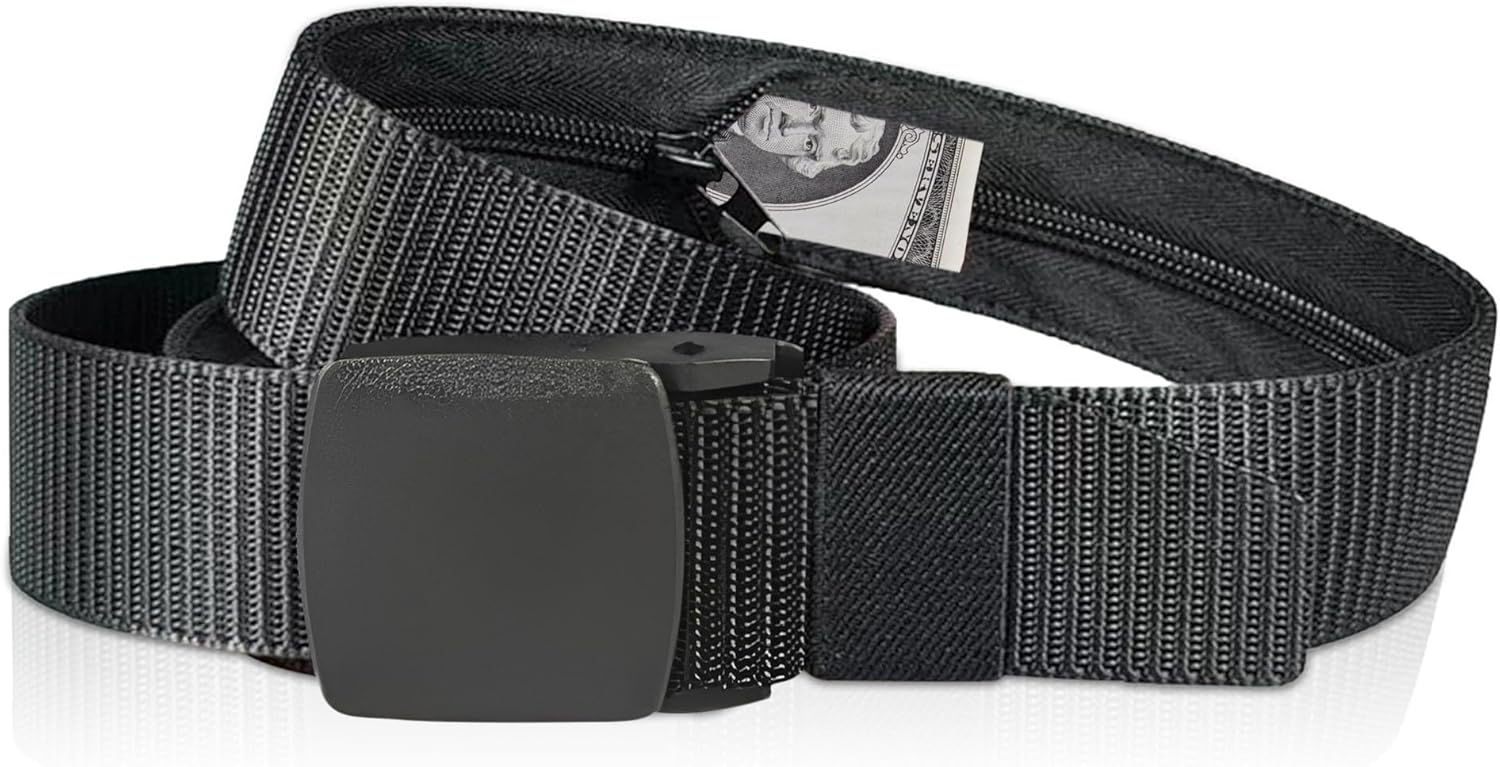 Security Money Belt with Hidden Money Pocket - Nylon Tactical Belt for Men & Women with Nonmetalic Buckle - Security Money Belt for Valuables, Cash, Passport - Cashsafe Anti-Theft Wallet Size Medium