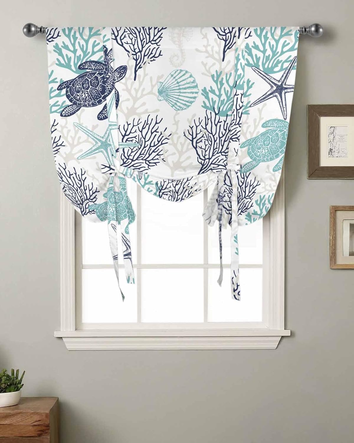 Turquoise Coral Tie Up Curtains for Window, Thermal Insulted Balloon Shade Adjustable Rod Pocket Curtains Valance Panels for Kitchen Bathroom Café 34 x 45 Shell Starfish Turtle Seahorse Ocean Sea