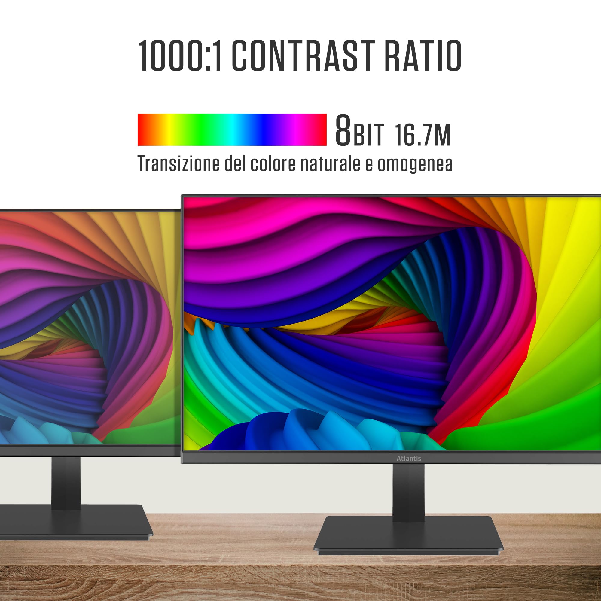 Atlantis Monitor 24 pollici, schermo 24" IPS 75Hz, Full HD 1920x1080, VGA HDMI, FreeSync, inclin, risposta 5ms, Contrasto 1000:1, Angolo 178/178, Cavo HDMI 1,5m