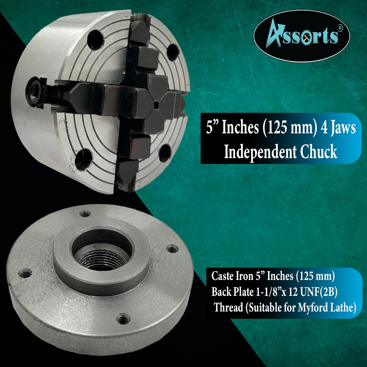 5" (125 mm) 4-szczękowy niezależny uchwyt tokarski z żeliwną płytą tylną, gwint 1-1/20.3 cm x 12 UNF (2B), nadaje się do tokarki Myford, hartowane, odwracalne szczęki | precyzyjne narzędzie