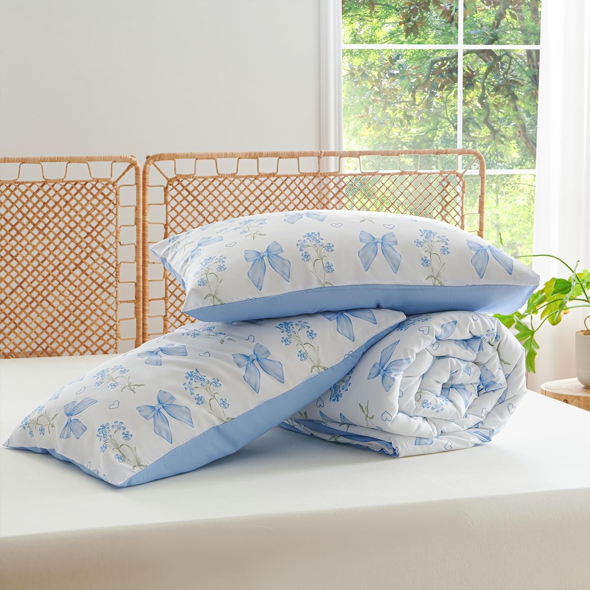 Blue Bow Comforter Set Full 3Pcs Blue Floral Bedding Set for Girls Kids Romantic Princess Style Bowknot Bedding Ultra Soft Reversible Garden Flower Comforter Sets with 2 Pillowcases