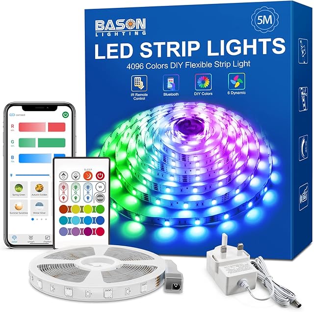 Bluetooth Strip Light 5m, Bason LED Strip Lighting RGB LED Colour Changing Strip Light with Remote, DIY 4096 App Control Music Sync Smart LED Light for Bedroom Cinema Christmas Decorations