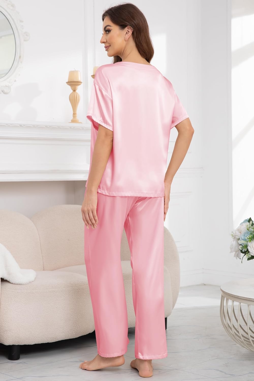 Nanxson Womens Satin Pajama Nightwear 2 Piece Loungewear with Pockets Soft Sleepwear Silky Short Sleeve Shirt with Long Pant - Image 4