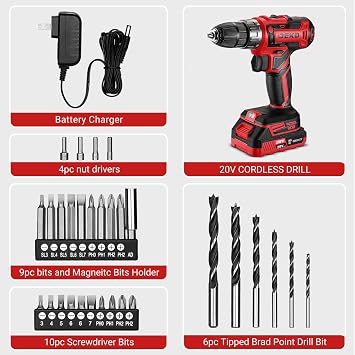Power Drill Cordless: DEKO PRO Cordless Drill 20V Electric Power Drills Set Tool for Women with Battery and Charger 20 Volt Drills Driver Kit Red