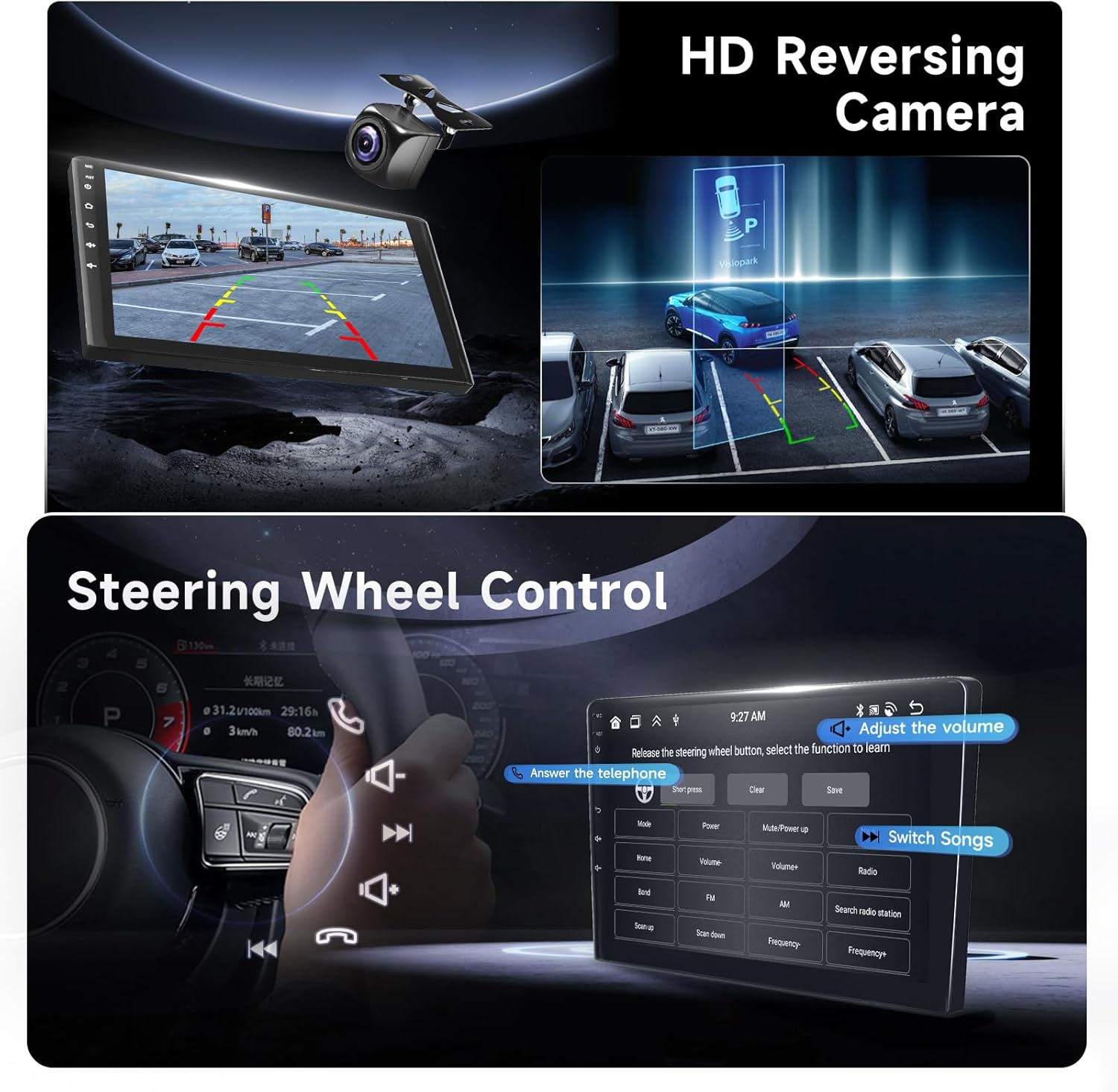High-definition reversing camera view and steering wheel controls