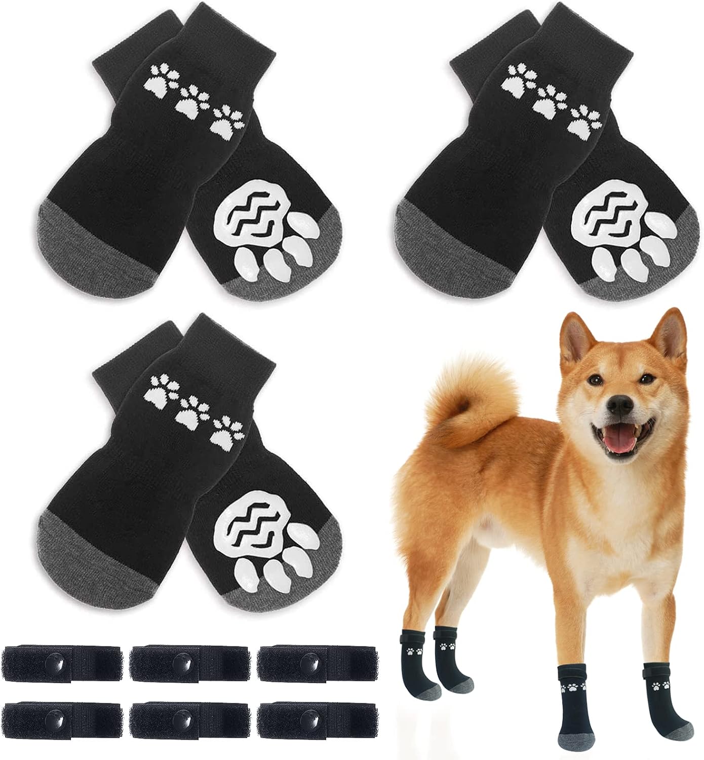 BINGPET Pack of 6 Anti Slip Dog Socks for Hardwood Floors, Pet Paw Protectors with Grips, Small