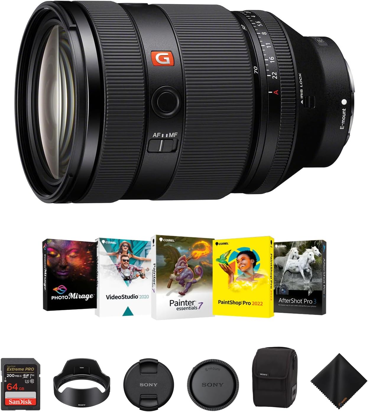 Sony FE 28-70mm f/2 GMaster Lens for Sony E Mount - Ultra-Fast Standard Zoom Lens with 64GB Extreme PRO UHS-I SDXC Memory Card, Corel Software Kit & Cleaning Cloth - Essential Bundle