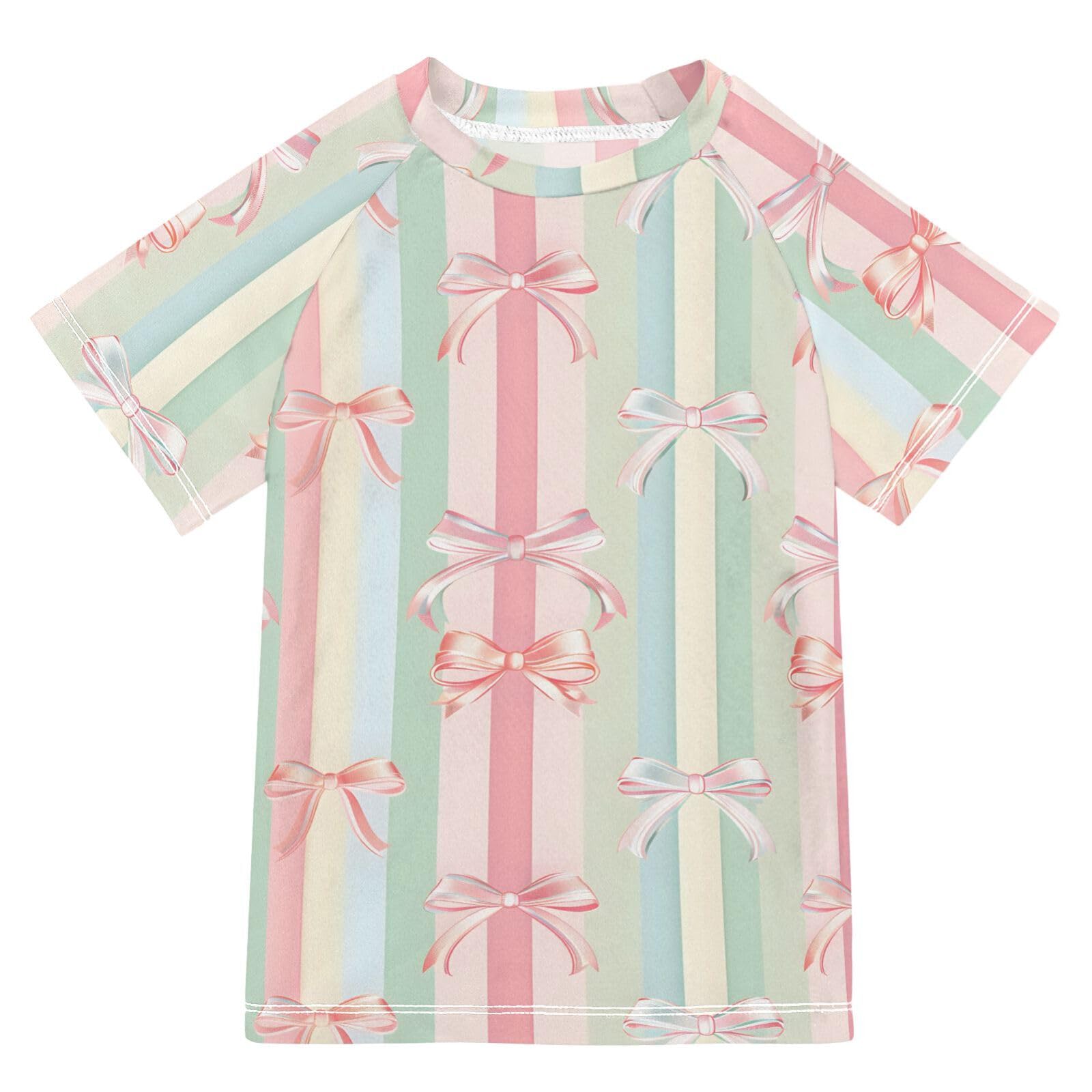 ALAZA Kids Rash Guard Boys Toddler Swim Shirts Short Sleeve Bows Pink Strips UPF 50+ 3T