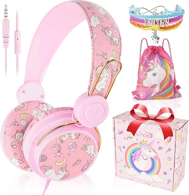 Kids Headphones, Cute Unicorn Childrens Headphones Wired with Microphone, Adjustable Toddler Headphones Over-ear for Girls Age 3-12, Headphones for School/Plane/Fire Tablet, Unicorn Gifts for Girls