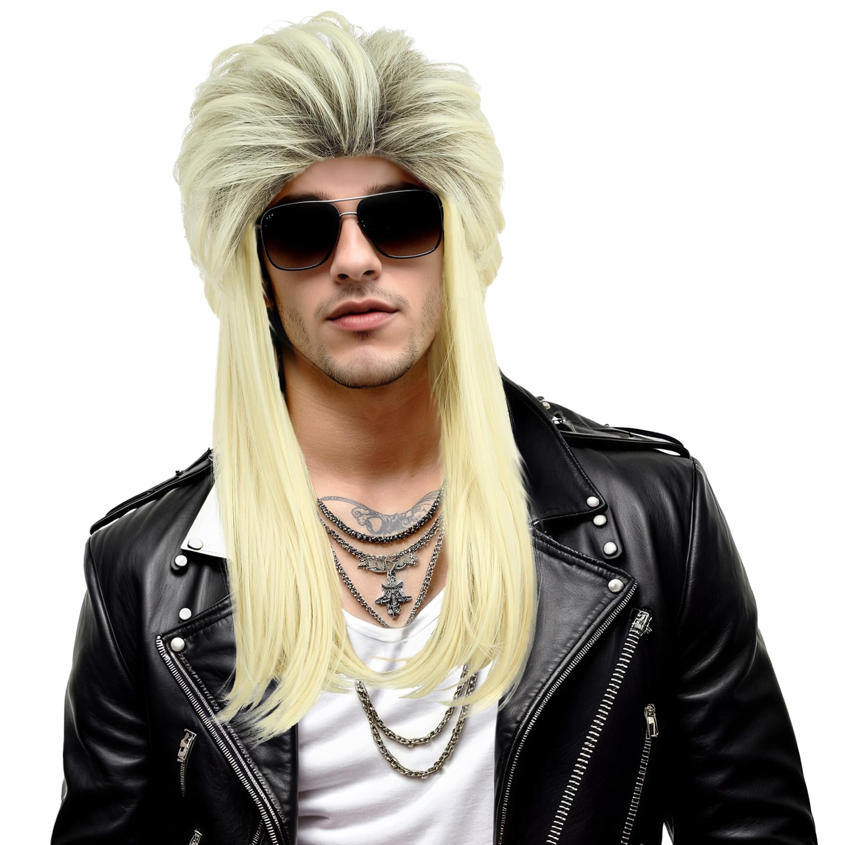 VGbeaty Men Women Long Straight Blonde Wig Mullet 70s 80s Disco Punk Rocker Wig Heat Resistant Synthetic Fiber Soft Durable Breathable Cap for Halloween Costume Fancy Party