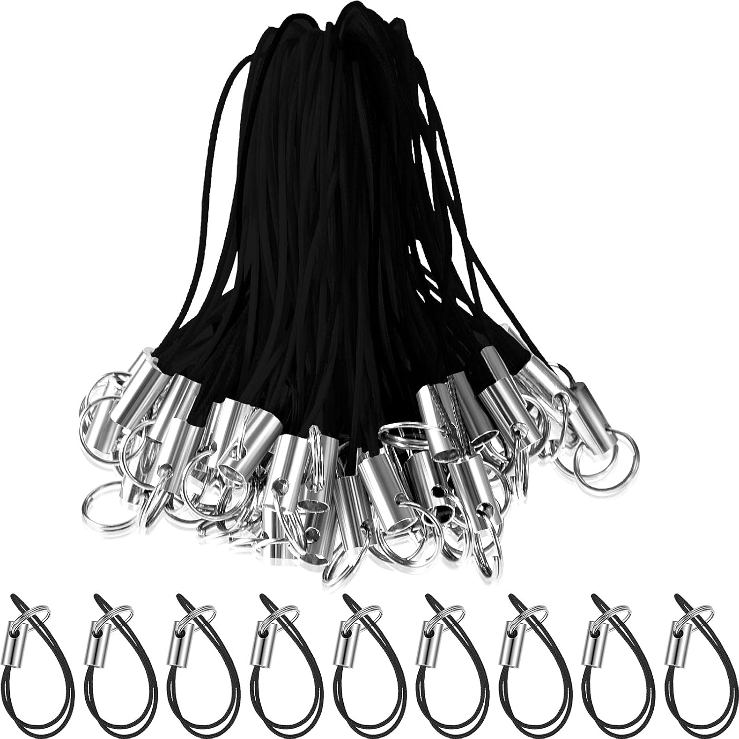 Frienda 200 Pcs Phone Charms Strap Kit, Cell Phone Split Ring Strap, Keychains String, Lariat Lanyard Loop Charms Pendant Clasp for Cell USB Keychains DIY Jewelry Accessories(Black)