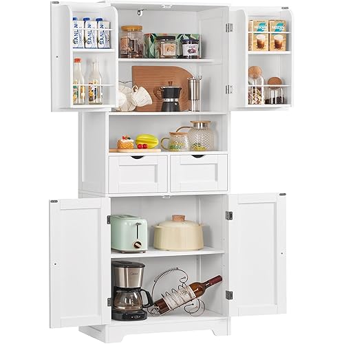 TEENFON Kitchen Pantry Cabinet with Adjustable Shelf, Tall Storage Cabinet with 2 Drawers & 4 Door Shelves, Food Pantry Cabinets, for Kitchen, Dining Room, Living Room, White