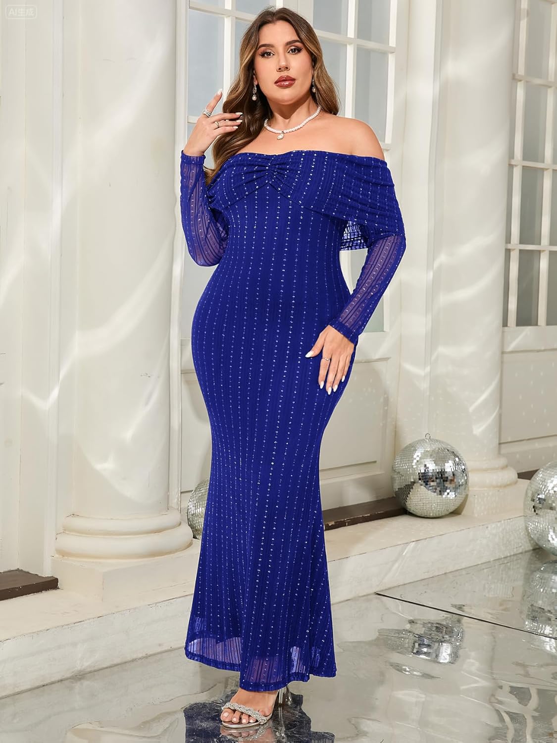 CYCLAMEN Plus Size Off The Shoulder Sparkly Dress Long Sleeve Mermaid Maxi Evening Gown Cocktail Party Wedding Guest - Image 2