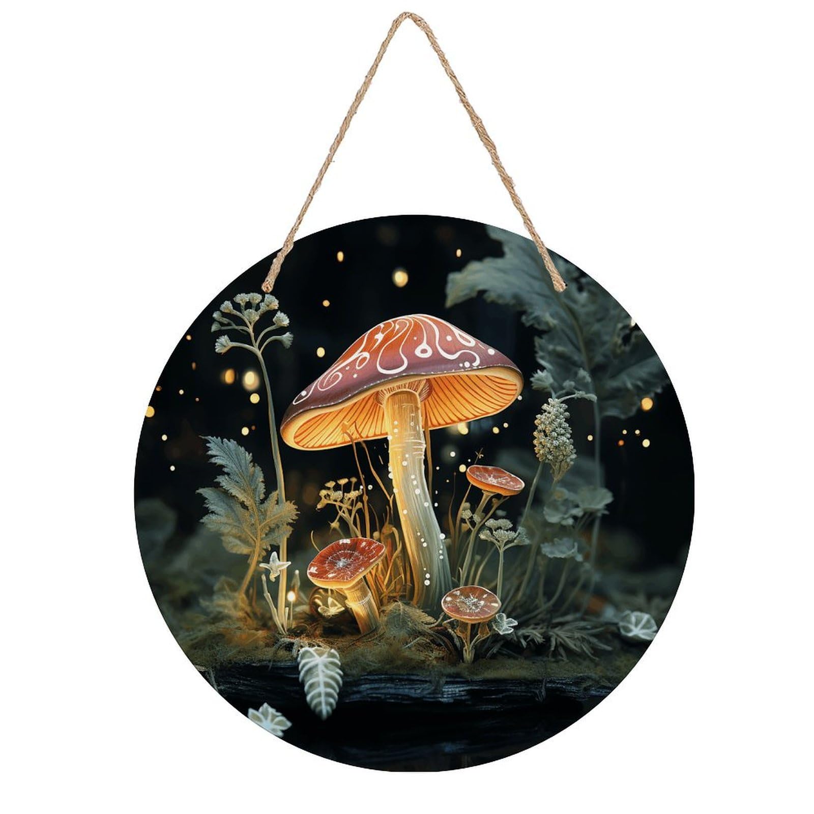 VstaDank Butterfly Mushroom Wooden Wall Art Decor Round Wood Plaque Wooden Door Hanger Sign with Hole And Hanger Rope Trend Wood Decorative Paintings for Home Outdoor Indoor 7.87 Inch