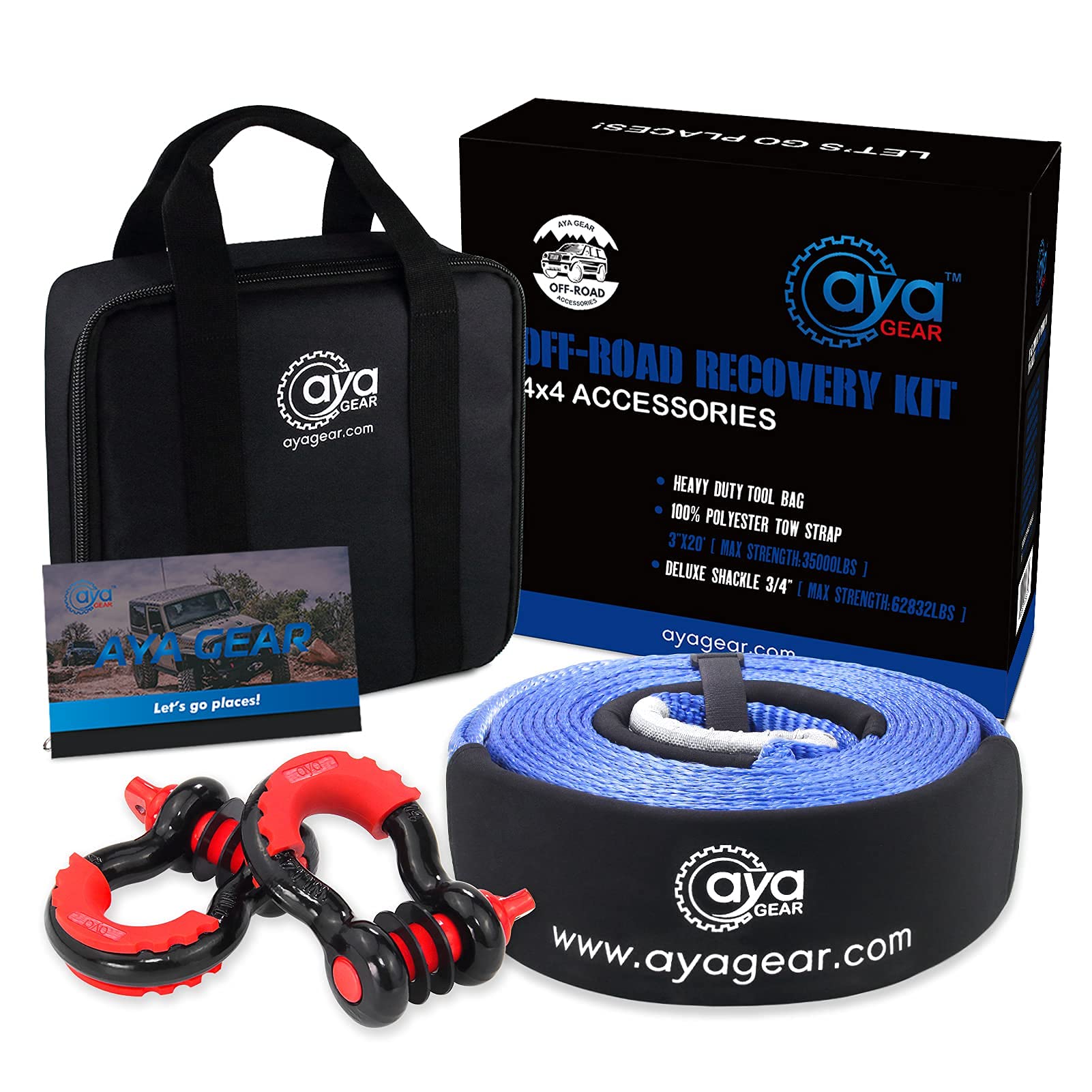 AYA Gear Off Road Recovery Silver Kit| 3" x 20ft Heavy Duty 30,000 lbs Tow Rope + 3/4 D Ring Shackles (2pcs)| Recovery Gear Combos 4x4 Winch Accessory Kit (3" x 20' Strap with Two Shackles)