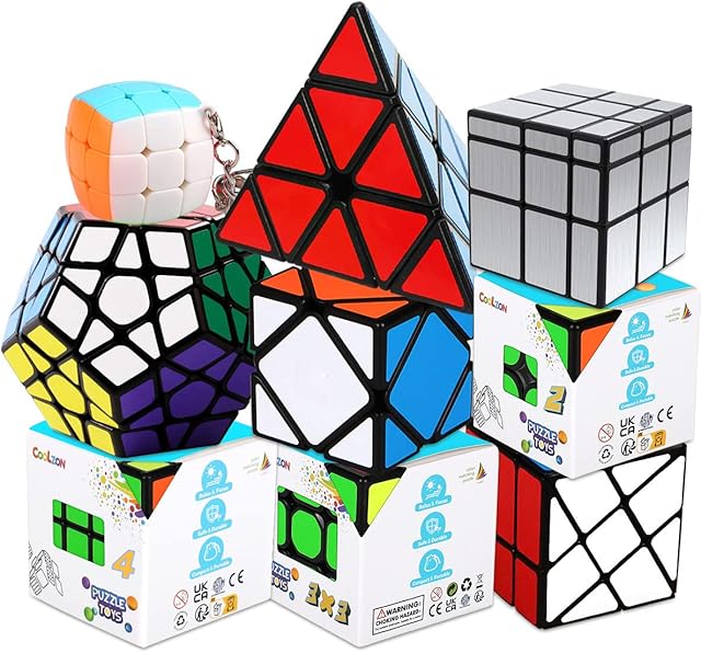 Coolzon Magic Cube Set, Puzzle Cube Set 2x2 3x3 4x4 Pyraminx Megaminx Mirror Skewb Fisher Bun Cube Keychain, Fast & Smooth Magic Cube Pack of 9