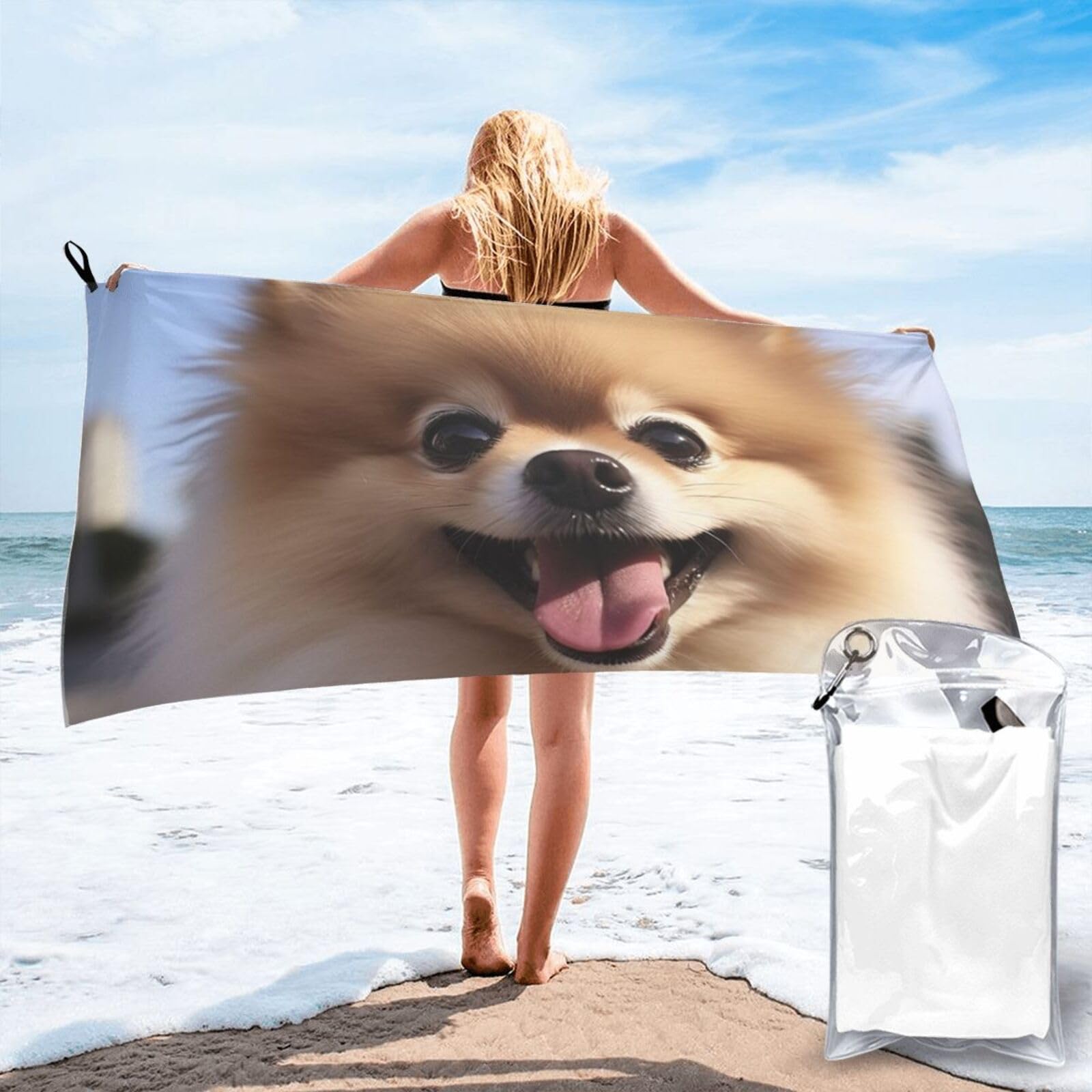 DWVTSLH Microfiber Sand Free Beach Towel 27.5"x55", Quick Dry Absorbent Travel Towel Large Camping Blanket, Happy Pomeranian Bath Towels Lightweight Pool Swim Towels for Vacation Essentials