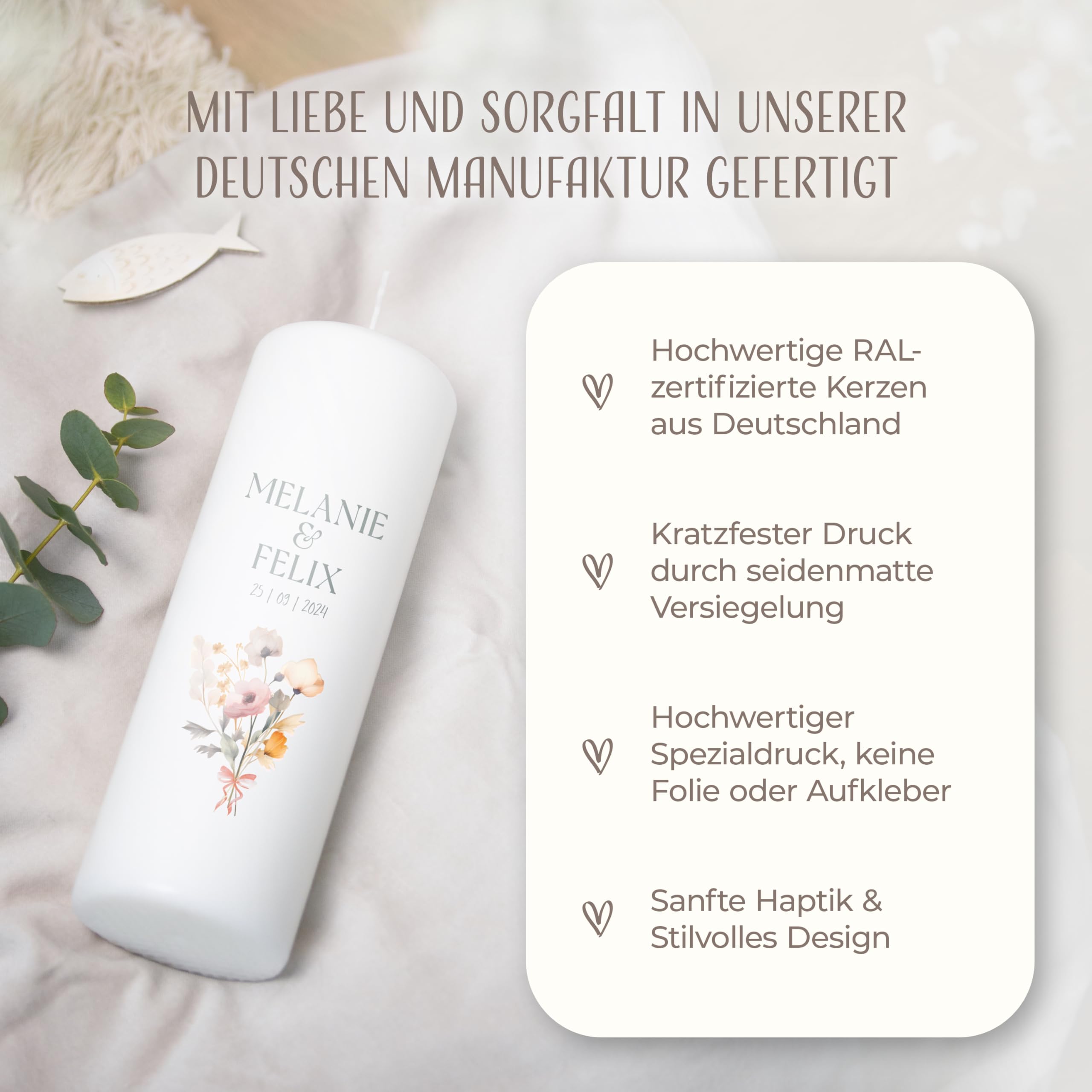 AMARI ® Hochzeitskerze personalisiert Blumenstrauß 25/8 cm - Traukerze Hochzeit - Hochzeitskerze Standesamt - Traukerze mit Namen und Datum