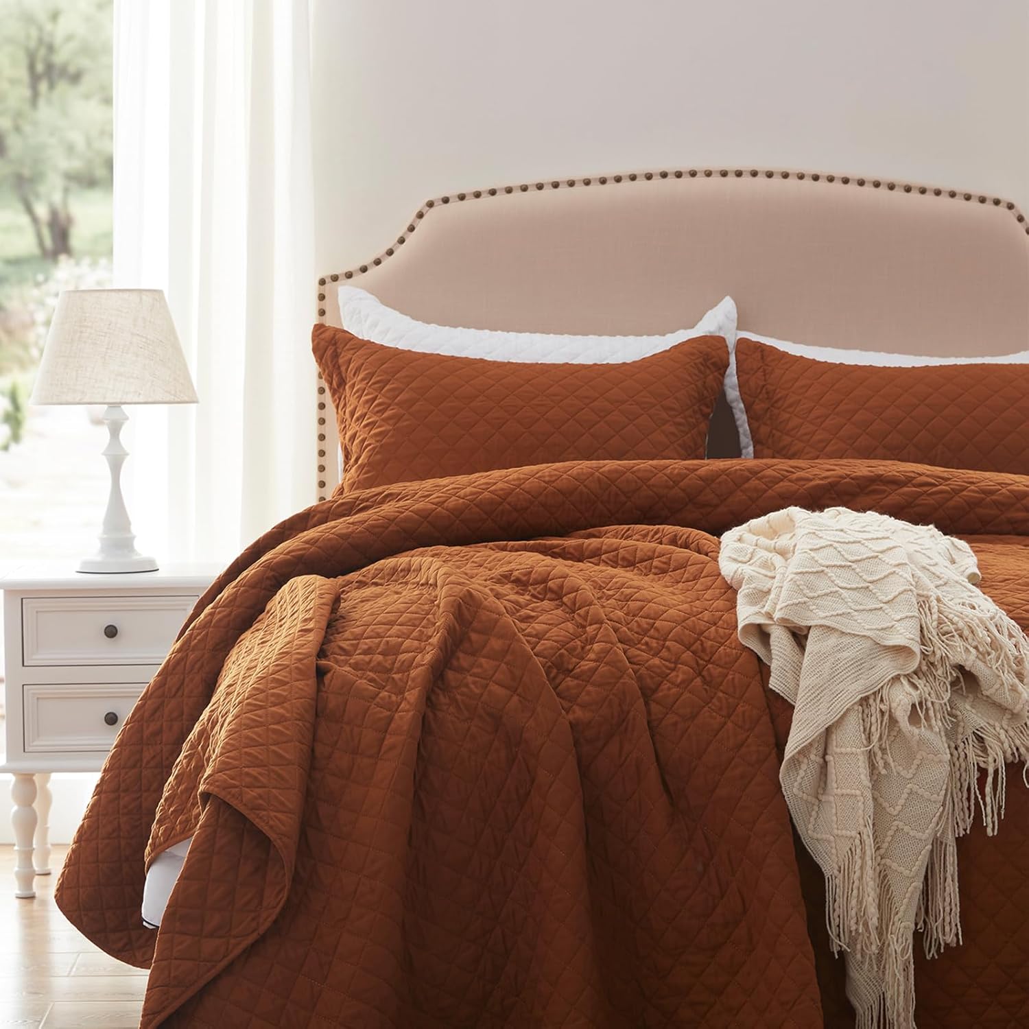 SunStyle Home Queen Quilt Bedding Set with Pillow Shams, Full Queen Size Quilt Brunt Orange, Lightweight Comforter Bedspreads Soft Reversible Coverlet for All Season 3pcs Rust Diamond Quilted Bed Set - Image 2