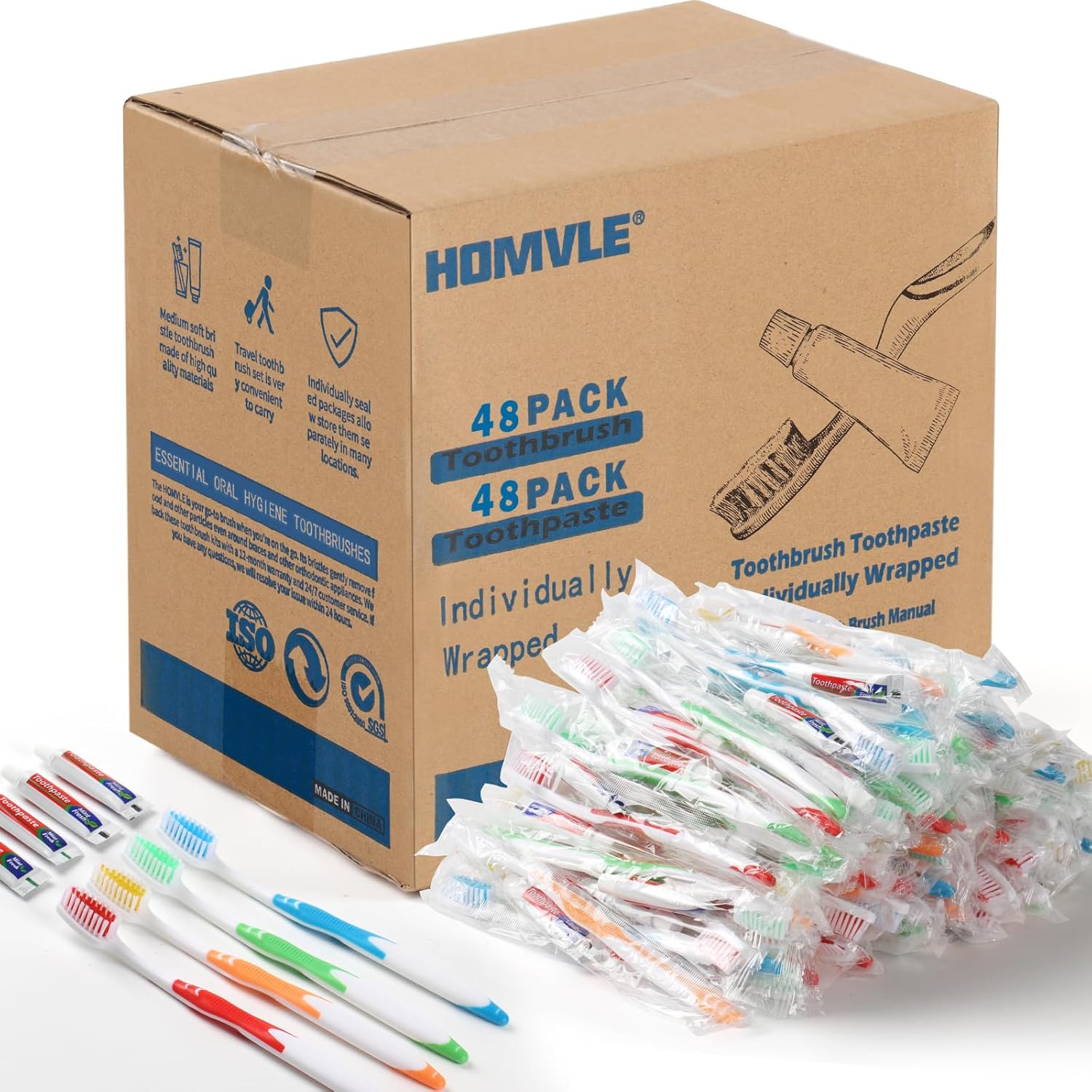Homvle 100 Packs Disposable Toothbrushes with Toothpaste, Individually Wrapped Buld Toothbrush and Toothpaste Buld for Travel Size Toiletries, OCC, Airbnb, Dentist, Office/4 Colorful