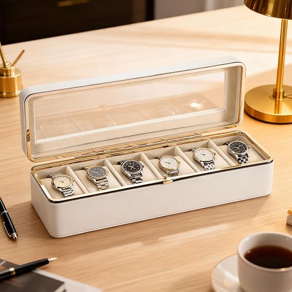 Watch Box 6 Slots Watch Case with Glass Lid Watch Display Storage Box for Men and Women Removable Watch Pillows Metal Clasp Synthetic Leather Velvet Lining Watch Box (White)