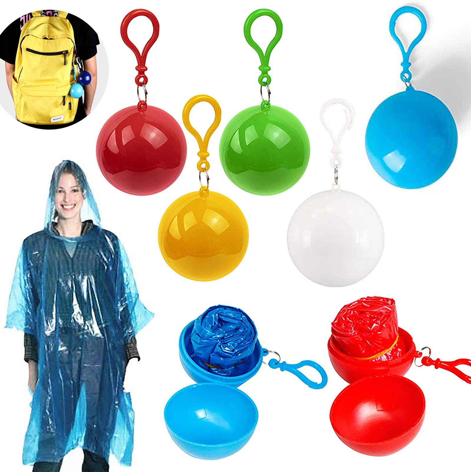 SJ5 Pack Convenient Disposable Emergency Raincoats, Colorful Rain Poncho with Hook Portable Ball for Outdoor Activities,One Size Fit All Adults Kids(5 Color)