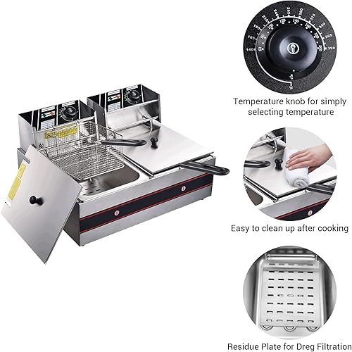 Miniatura 5 de Freidora comercial de 24 litros y 5000 W con cestas dobles de tanque de acero inoxidable, protección contra sobrecalentamiento, freidora eléctrica