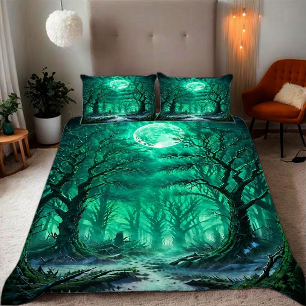 Housse de couette 220x240 forêt magique avec 2 taies d'oreiller en microfibre pour lit 2 personnes