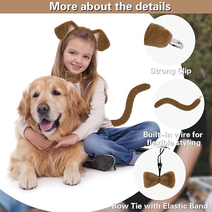 Beviliu Conjunto de Disfraz para Perro 3 Piezas, Orejas y Cola con Corbata Dorada miniatura 2