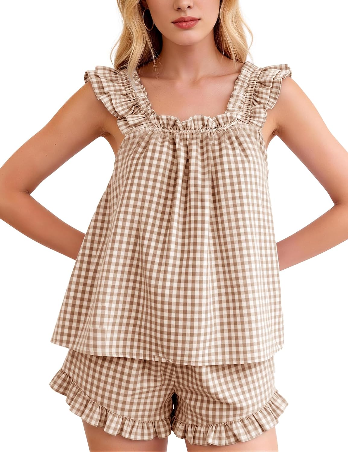 Flygo Pajama for Women Sets 2 Piece Summer Gingham Ruffle Trim Cami Top Short Sets Y2K Cute Plaid Pjs Lounge Sleepwear Outfit