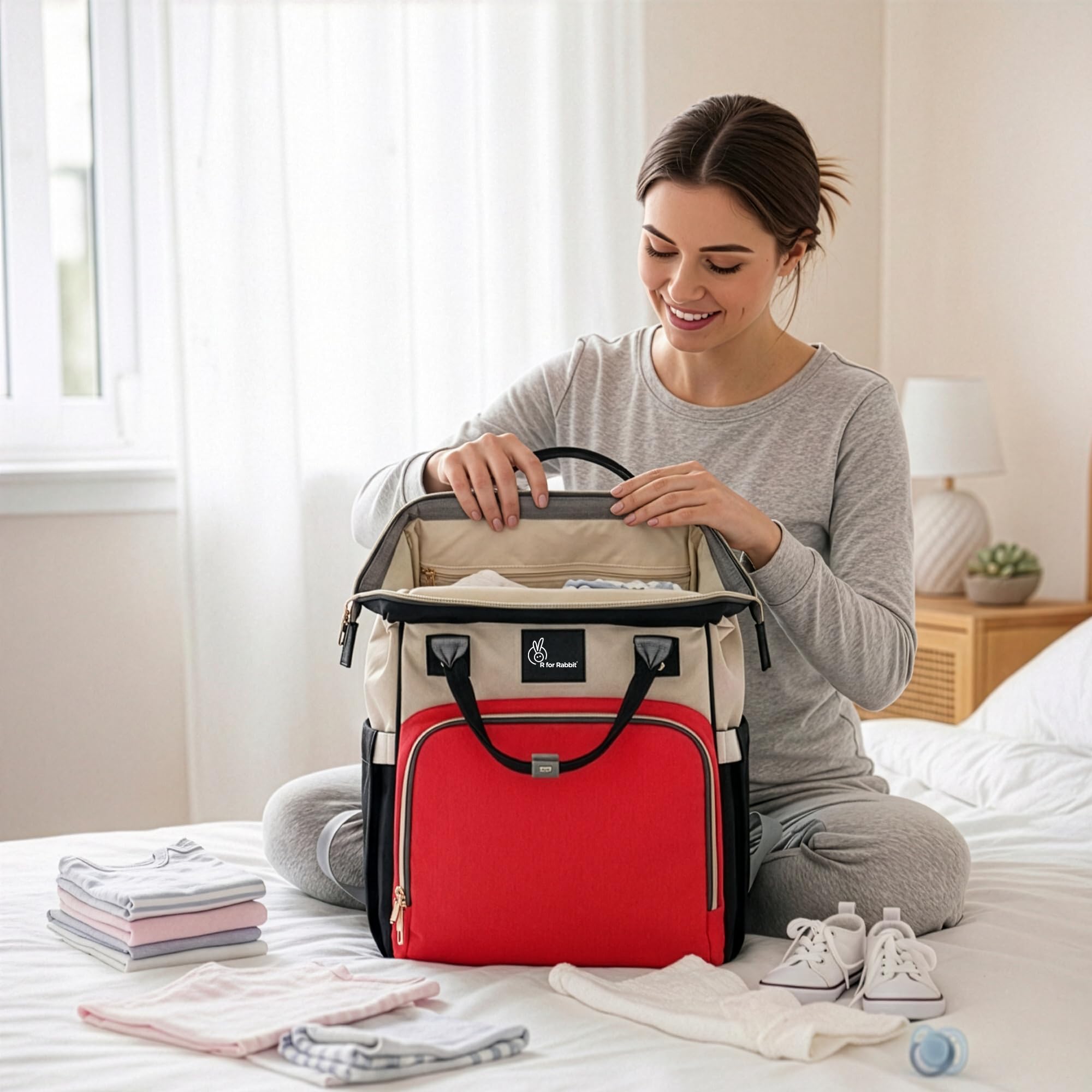 R for Rabbit Caramello Baby Diaper Bags for Mom to Travel, Large Capacity Stylish Waterproof Multipurpose Maternity Diaper Backpack for Mothers (Cream Red)-image-47