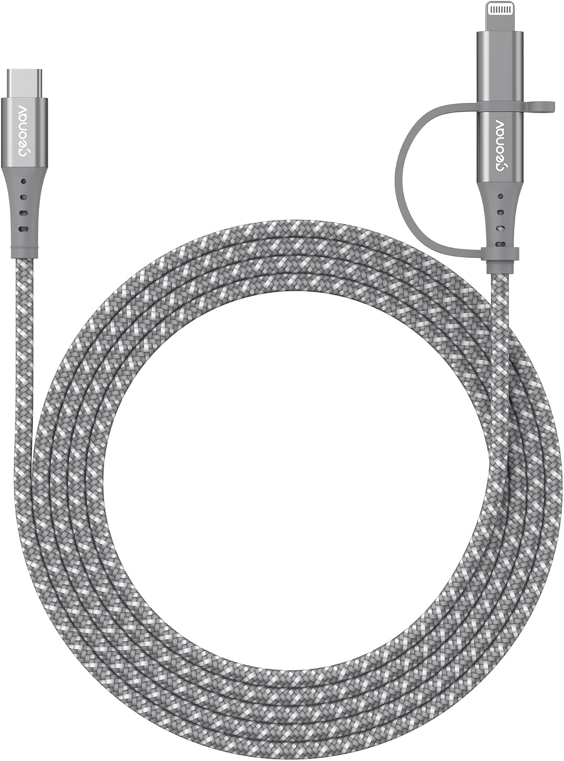 Geonav Cabo USB-C modelo 2 em 1 com encaixe para USB-C (tipo C) e para Lightning (iPhones e iPads), 1.5 m, nylon trançado, resistente, carregamento rápido, LC21GR, cinza