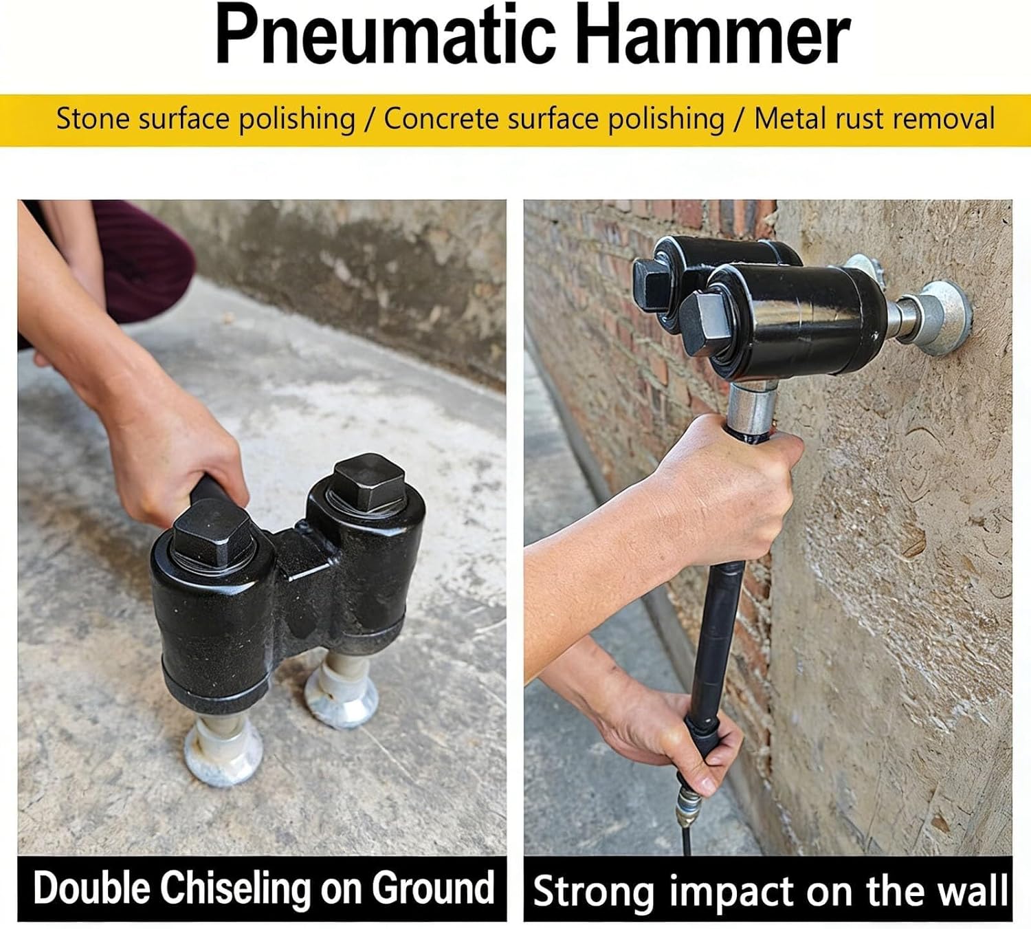 Double Head Pneumatic Bush Hammer, Long Handle Scabbling Hammer, 9/12/18/24 Tooth Counts, 2×2100bpm High Frequency, 6-8 M²/h Efficiency, for Stone Surface Finishing, Concrete Texturing(12)