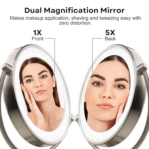 Miniatura 2 de OVENTE Espejo de maquillaje de mesa iluminado de 9 pulgadas con aumento 1X5X, espejo de tocador de aumento de doble cara con luces LED regulables,