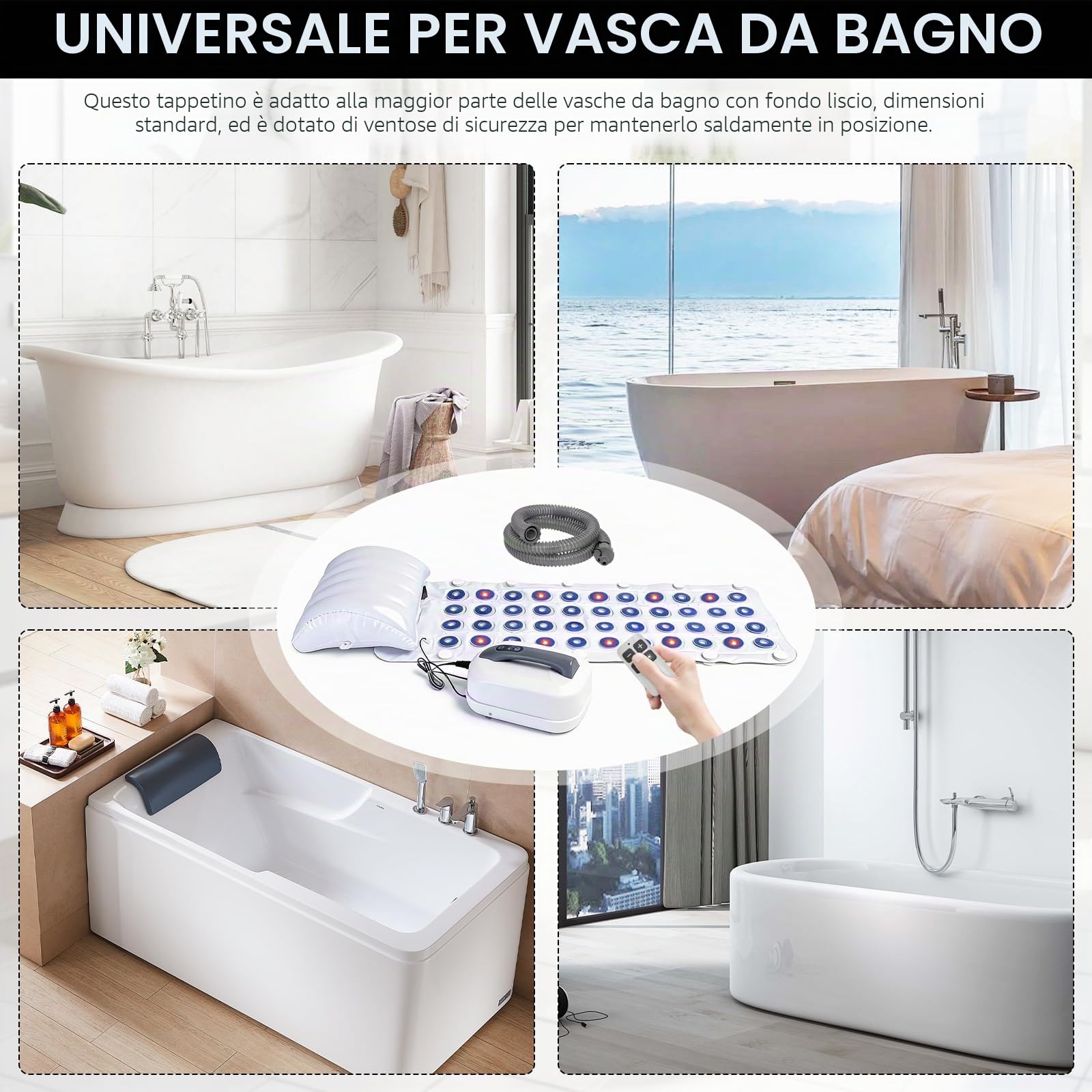 Idromassaggio per Vasca da Bagno, Tappetino Idromassaggio Tappetino SPA ad Aria con Illuminazione LED Multicolore 6 Livelli di Intensità 93 Ugelli e Cuscino Accessorio per Spa Domestica