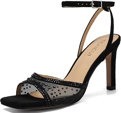 TEAIEUI High Heels for Women with Rhinestone 3-Inch Sexy Stiletto Sandals | Square Open Toe, Comfort, Ankle Strap, for Prom, Dress Shoes, Party, Wedding, Daily