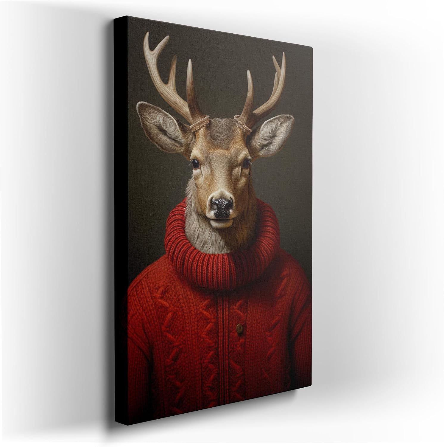 Canvas for Living room. Alert and Focused: A Majestic Deer in a Cozy Red Sweater Against the Night, 27 x 18 inch Canvas Wall Art - Ready to Hang - 69x46 cm (27x18 inch)