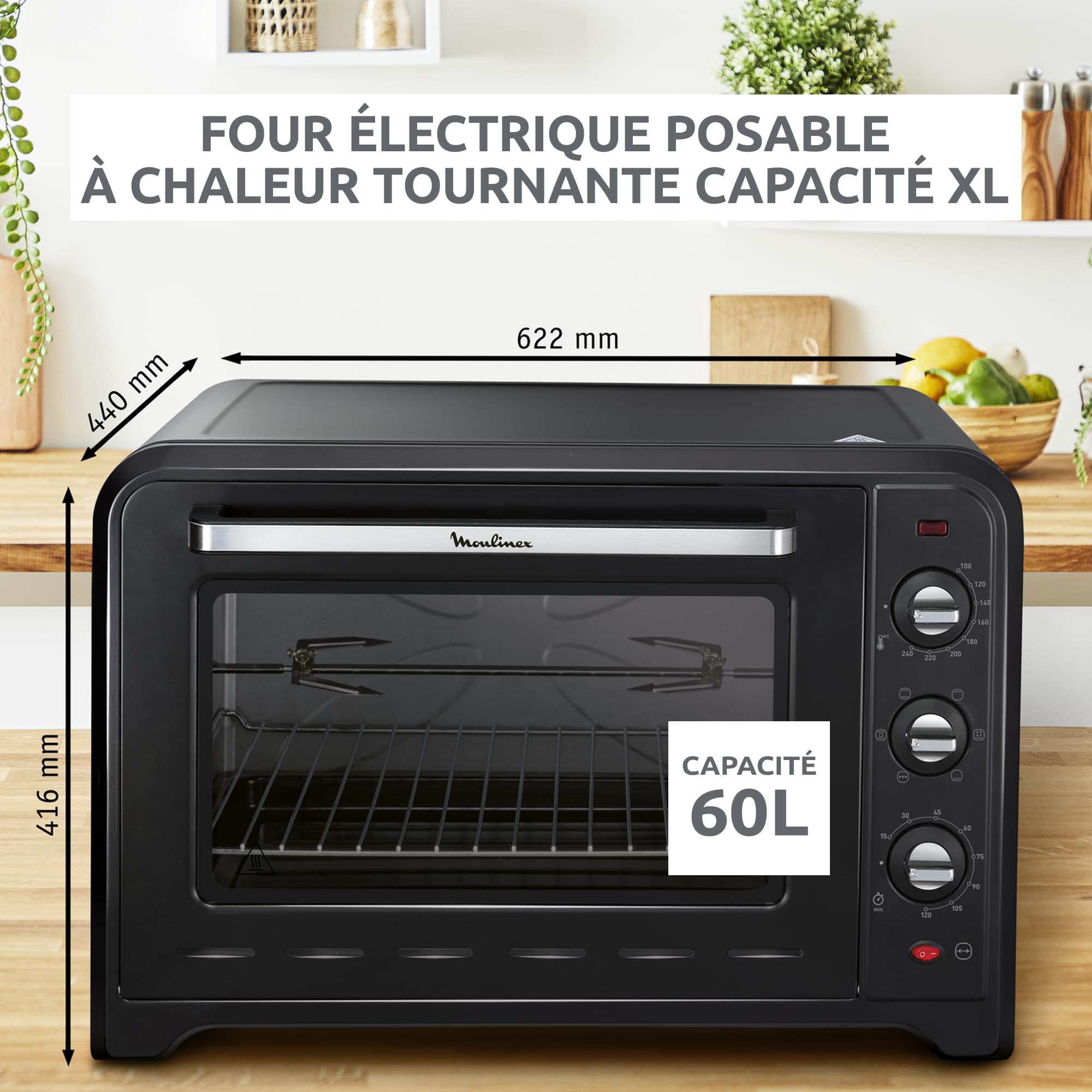 Moulinex Four électrique à chaleur tournante 60 L, 7 modes de cuisson, Tournebroche, Thermostat réglable jusqu’à 240 °C, Timer 120 minutes, 2 grilles réversibles, Optimo, Noir OX495810