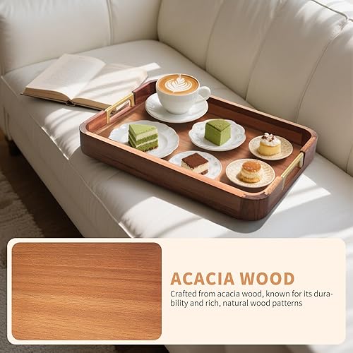 Miniatura 2 de Bandeja de madera de acacia con asas de metal, bandeja de bebidas de alimentos de 17 x 12 pulgadas para mesa de café, desayuno, cena y bar, bandeja