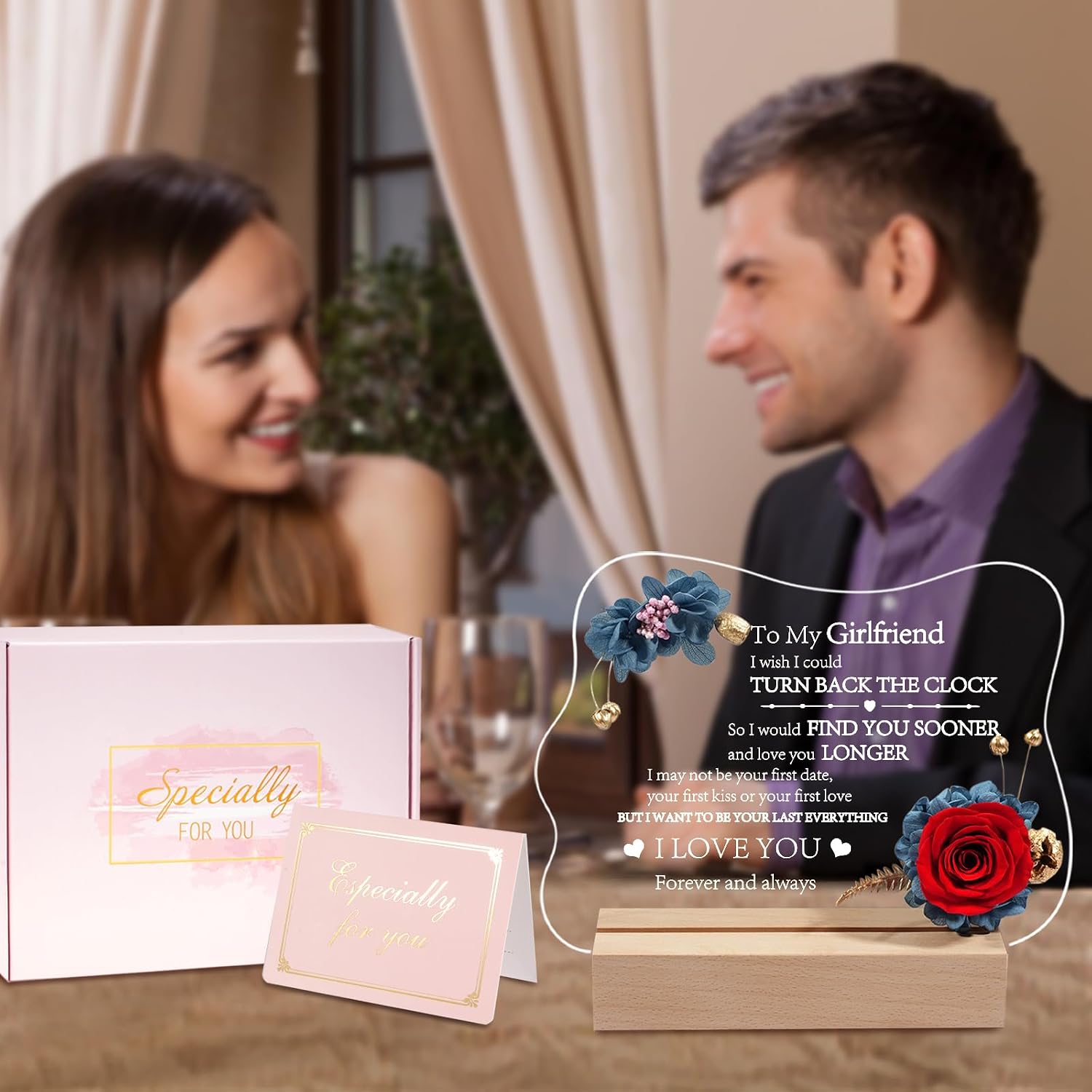 Yamonic Valentines Day Gifts for Her, Handmade Acrylic Plaque with Eternal Real Rose, Night Light with Preserved Rose Romantic Gifts for Girlfriend Wife Women (to My Girlfriend), 2UYRL3