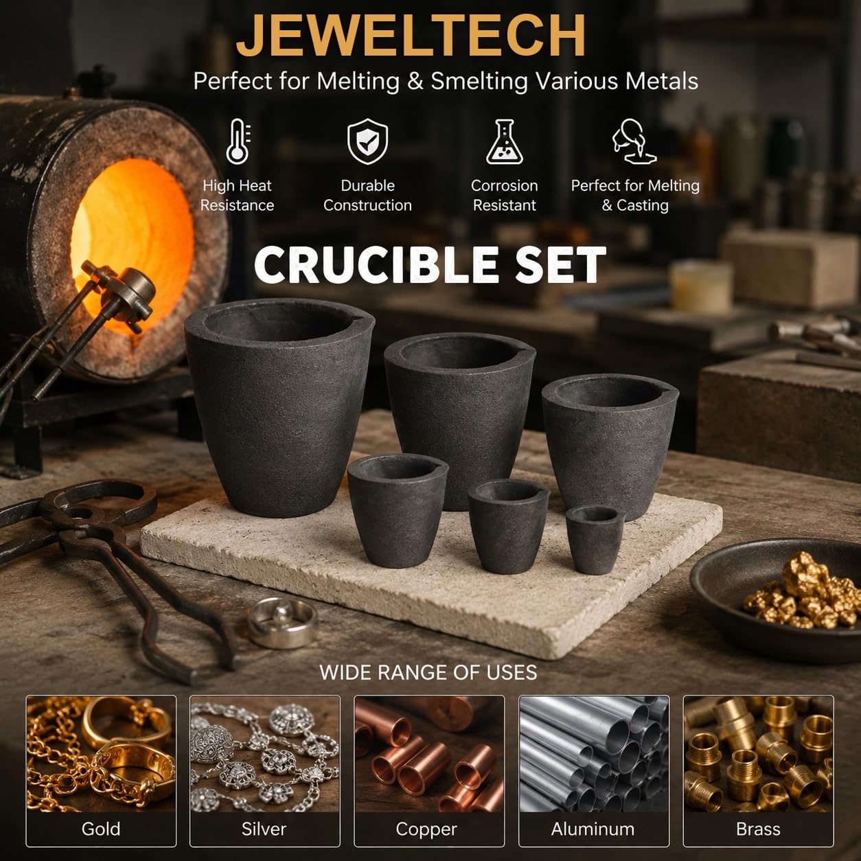 Jeweltech Clay Graphite Crucible Set – 6 Pcs (50g to 1Kg) for Melting & Casting Gold, Silver, Copper, Brass, Aluminium & Other Metals – Durable Furnace Crucibles 1