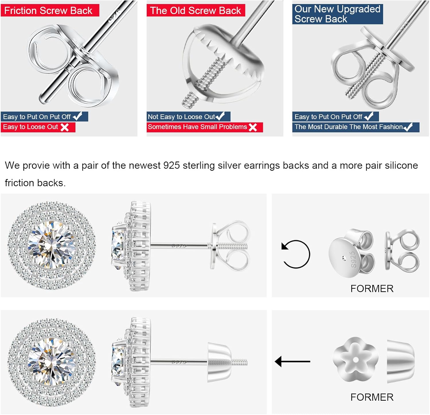 Moissanite Double Halo Stud Earrings Screw Back 18K White/Yellow Gold Plated 925 Sterling Silver Moissanite Halo Large Earrings for Women Men - Image 5