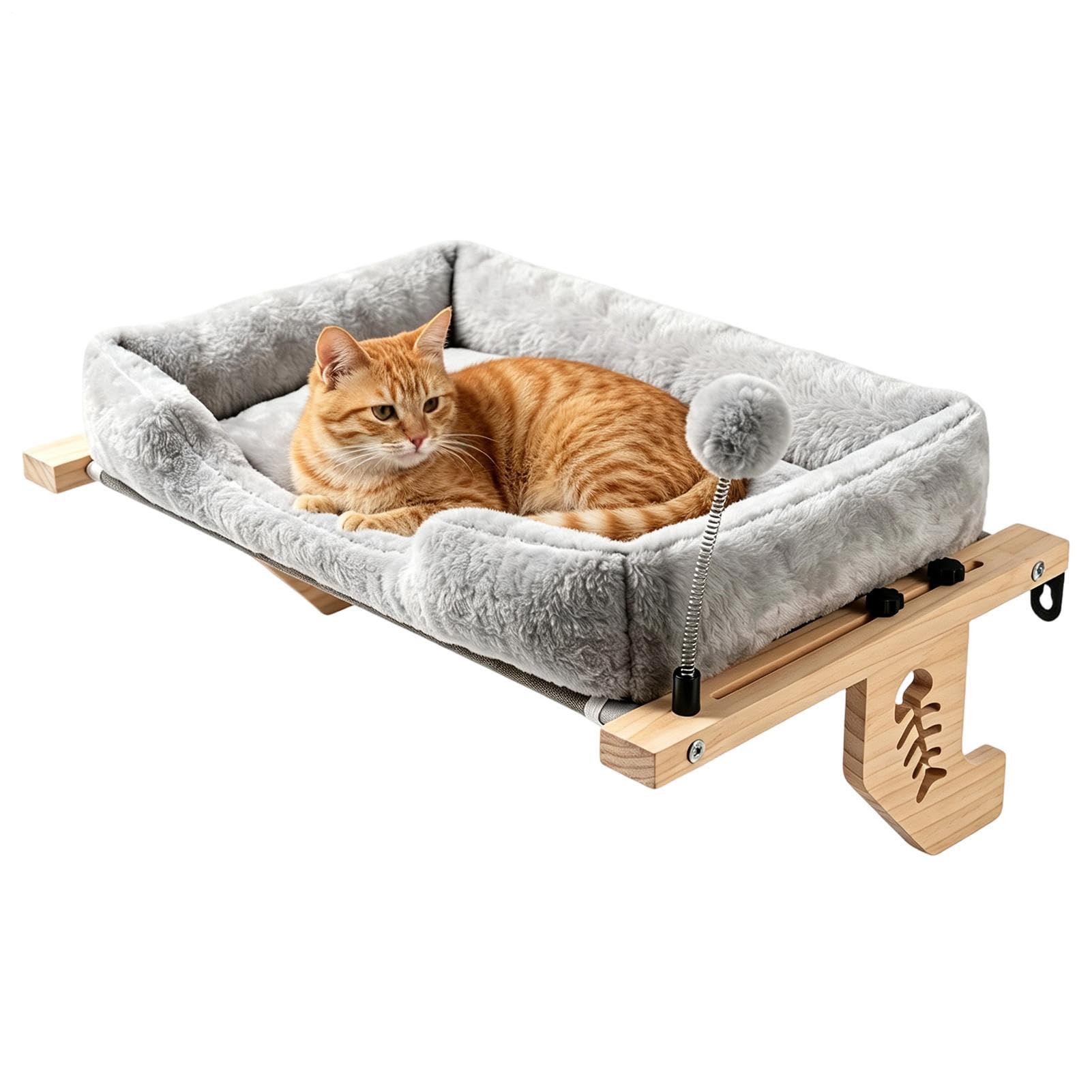 Hamaca para gatos para ventana con cojín de felpa y bola | Cojín de felpa para asiento de ventana de gato, para apartamento, interior, alféizar de ventana, cajón, armario, balcón