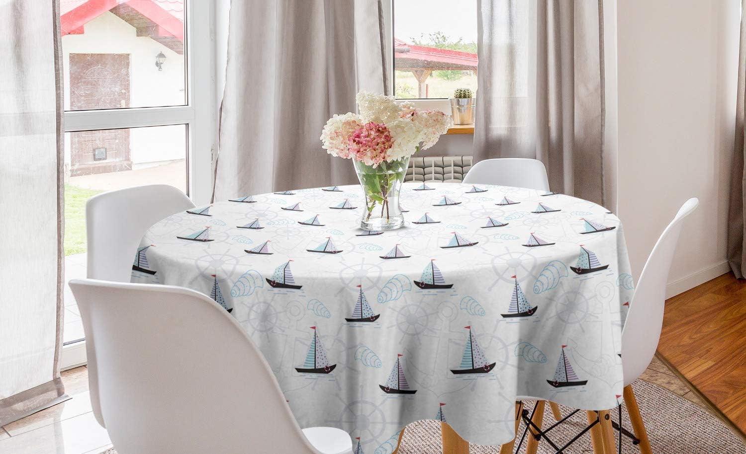 Lunarable Sailing Round Tablecloth, Nautical Pattern of Anchors Wheels Seashells Sailboats with Flags and Dots, Circle Table Cloth Cover for Dining Room Kitchen Decoration, 60", Multicolor