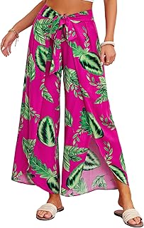 ReachMe Womens Casual Palazzo High Waisted Flowy Wide Leg Pants Bowtie Front Split Wrap Pants Trousers