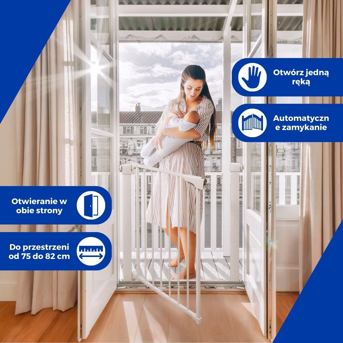 Mobiclinic® kids, Barierka bezpieczeństwa dla dzieci i zwierząt domowych, Raily, Automatyczne zamykanie, Podwójne otwieranie, 75 do 82 cm, Montaż wciskany bez otworów, Schodów drzwi